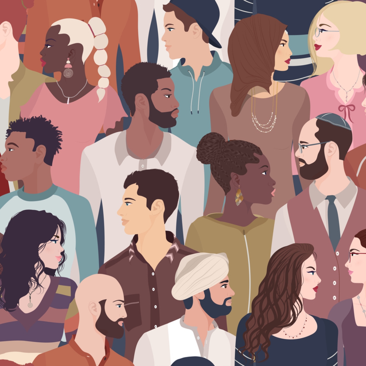 Illustration showing side profiles of people of difference genders, ethnicities, religions and cultures