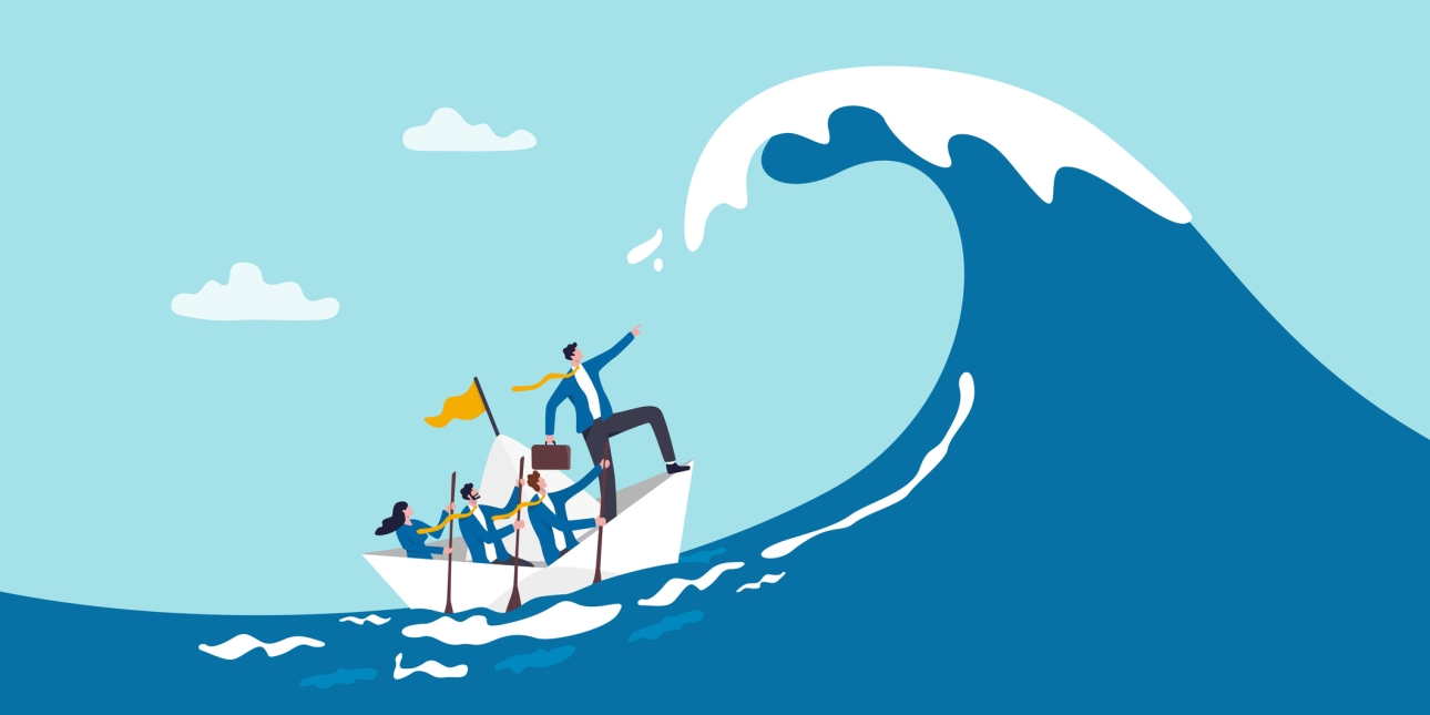 Illustration of a business leader holding a suitcase is stood at the helm of a boat pointing to a huge wave while three colleagues row the vessel