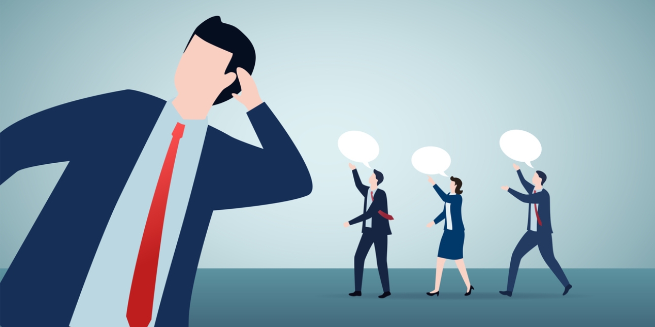 Illustration of a man in business attire cupping his hear to listen. In the background are two men and one women with speech bubbles.