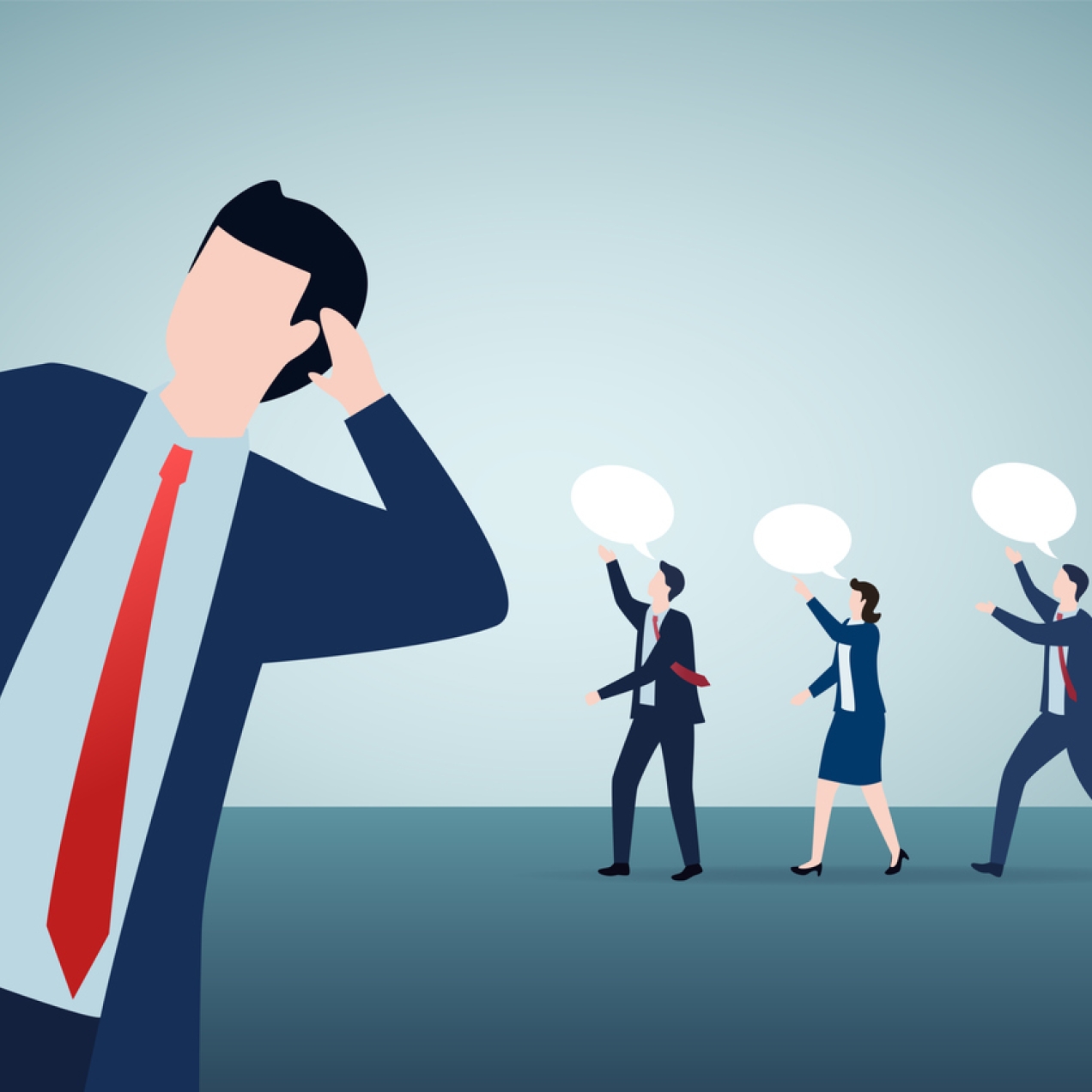 Illustration of a man in business attire cupping his hear to listen. In the background are two men and one women with speech bubbles.