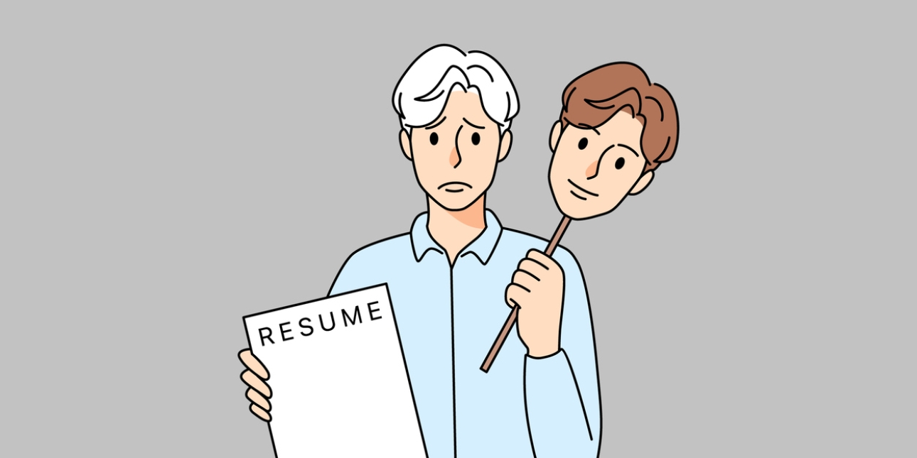 An illustration of an unhappy white grey-haired man wearing a blue shirt. He holds a resume in his right hand. In the hand he holds a mask on a stick of a younger, brown haired, smiling man.
