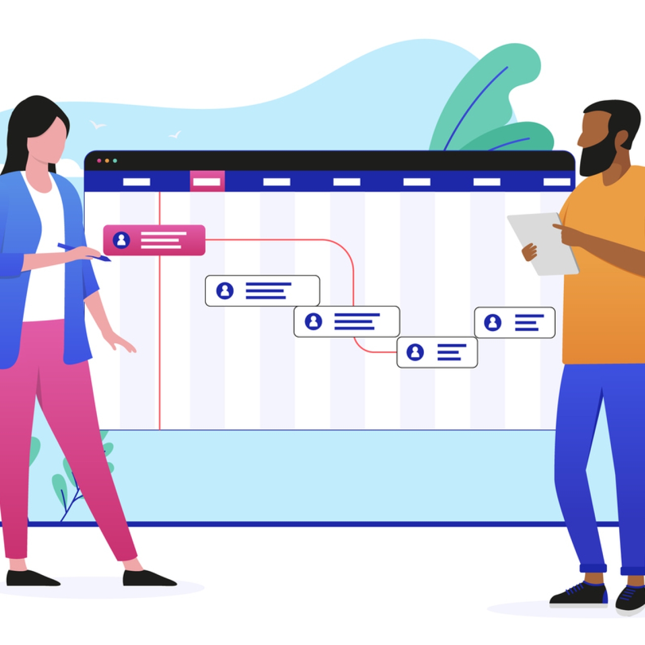 Illustration of a woman and a man stood in front of a large screen. On the screen is a wavy line with five markers.