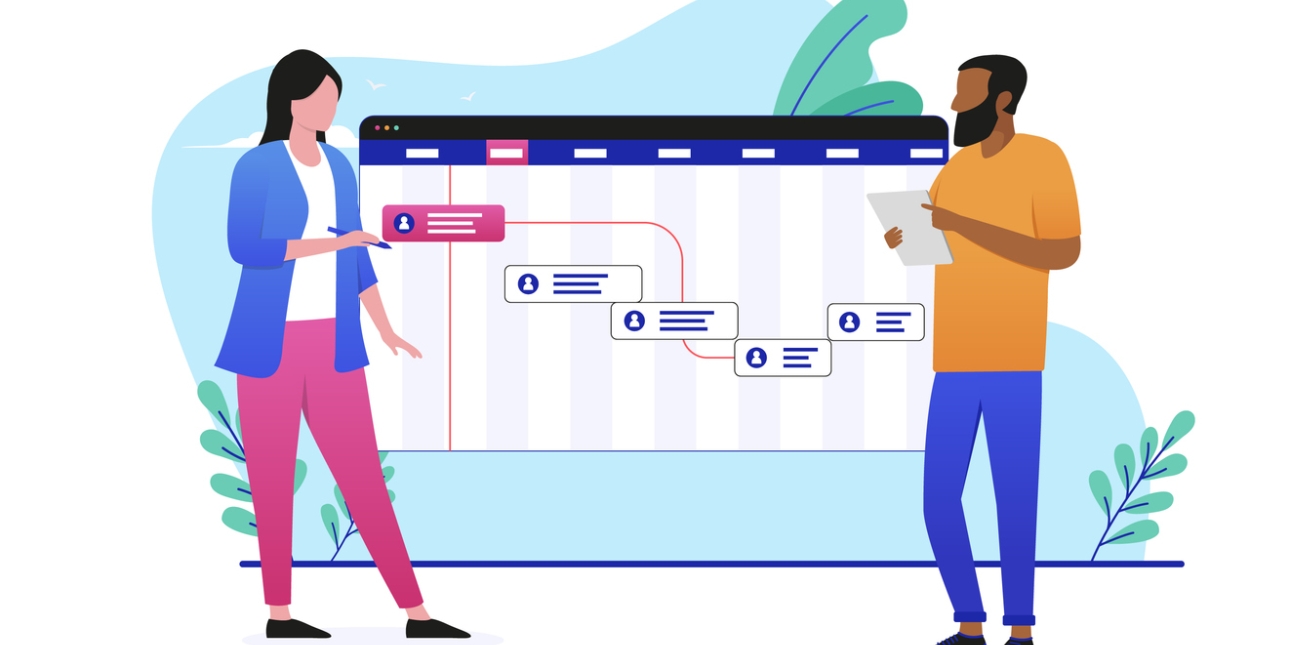 Illustration of a woman and a man stood in front of a large screen. On the screen is a wavy line with five markers.