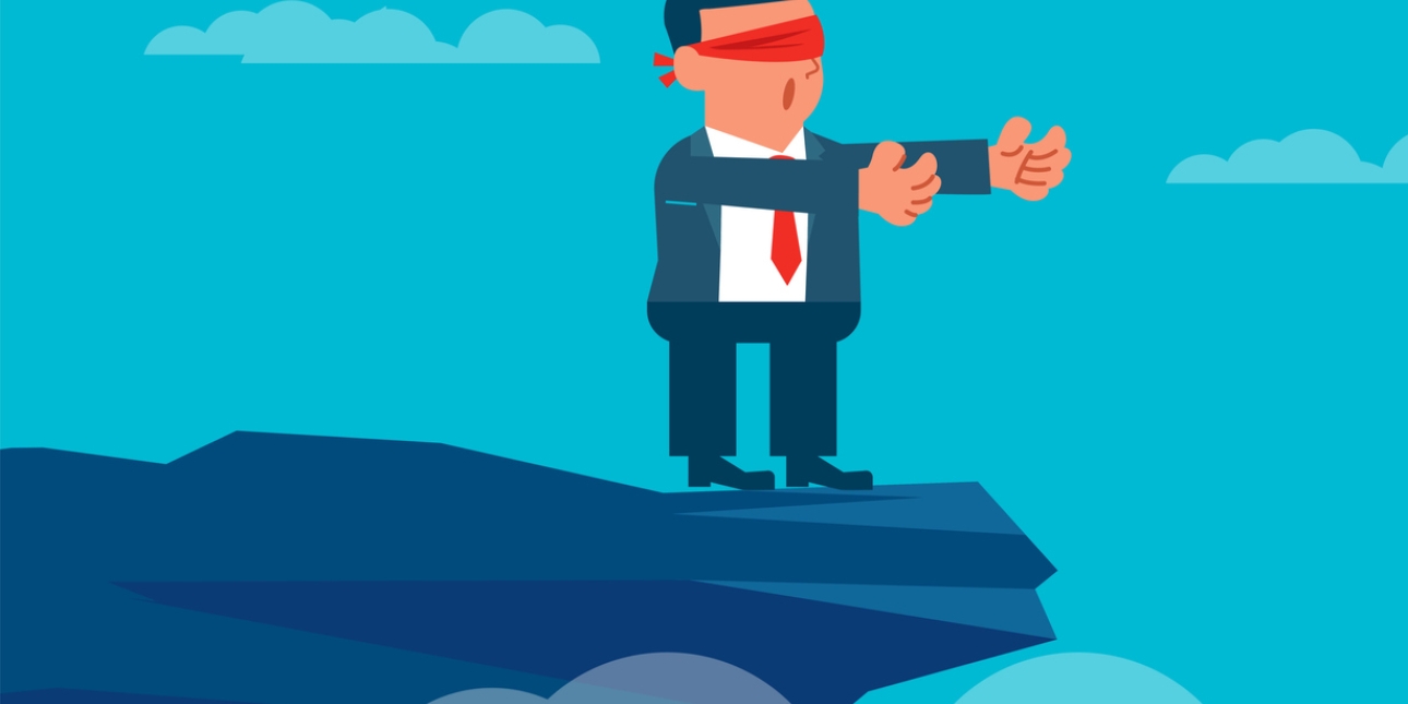 Illustration of a blindfolded businessman in a suit walking towards a cliff edge
