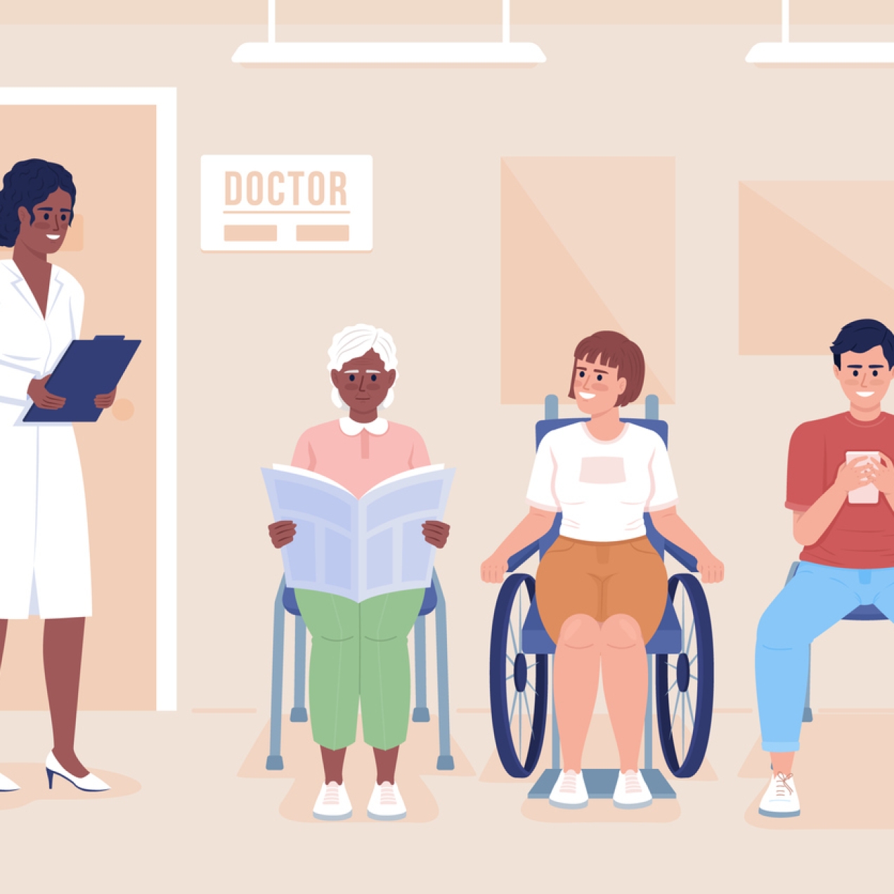 A female doctor in a white lab coat stands next to three patients in the waiting room. The patients are two women and a man. The woman in the middle uses a wheelchair. The other two are sat on chairs.
