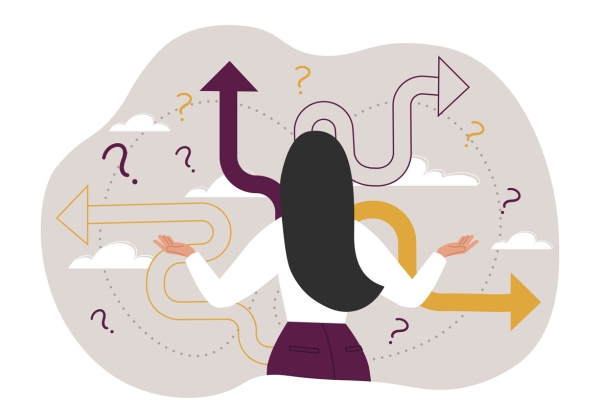 Illustration of the back of a woman. In front of her are a series of curved arrows pointing in different directions surrounded by question marks.