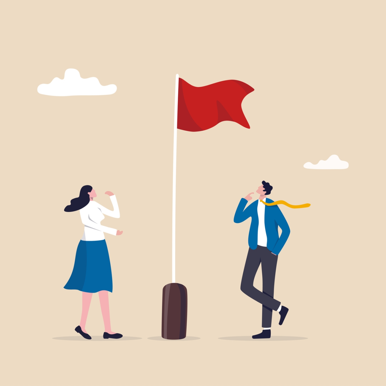 Illustration of a man and a woman in business dress looking up at a red flag on a flagpole