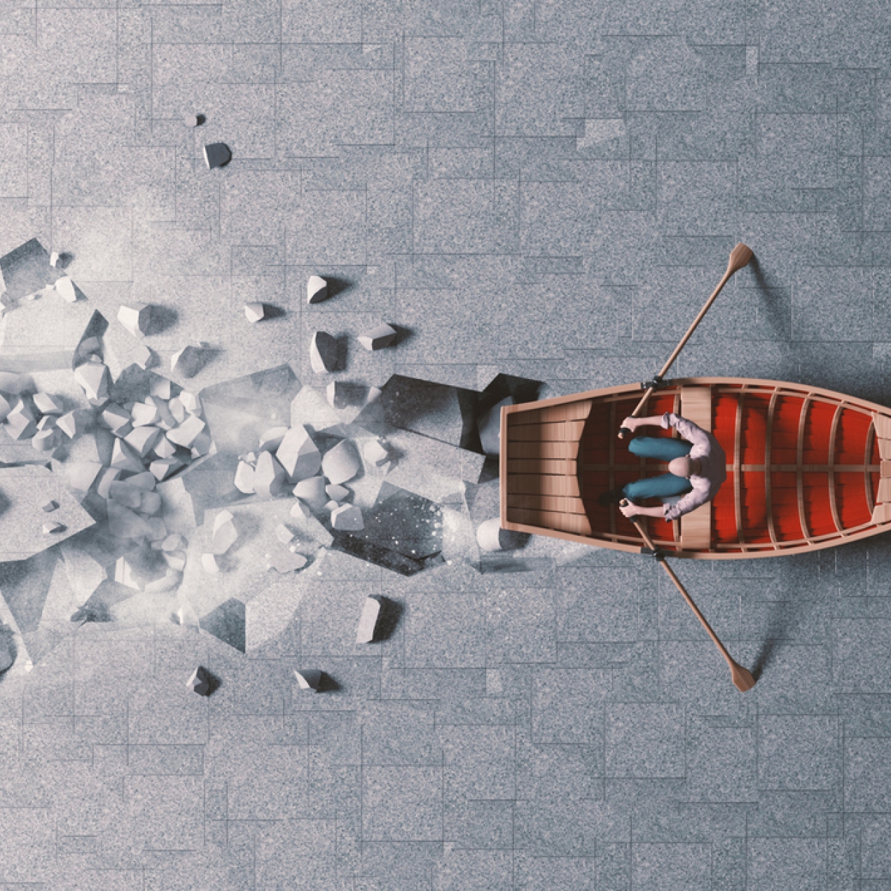 Computer generated bird's eye image of a bald man in a rowing boat, rowing through concrete paving, leaving broken slabs in his path
