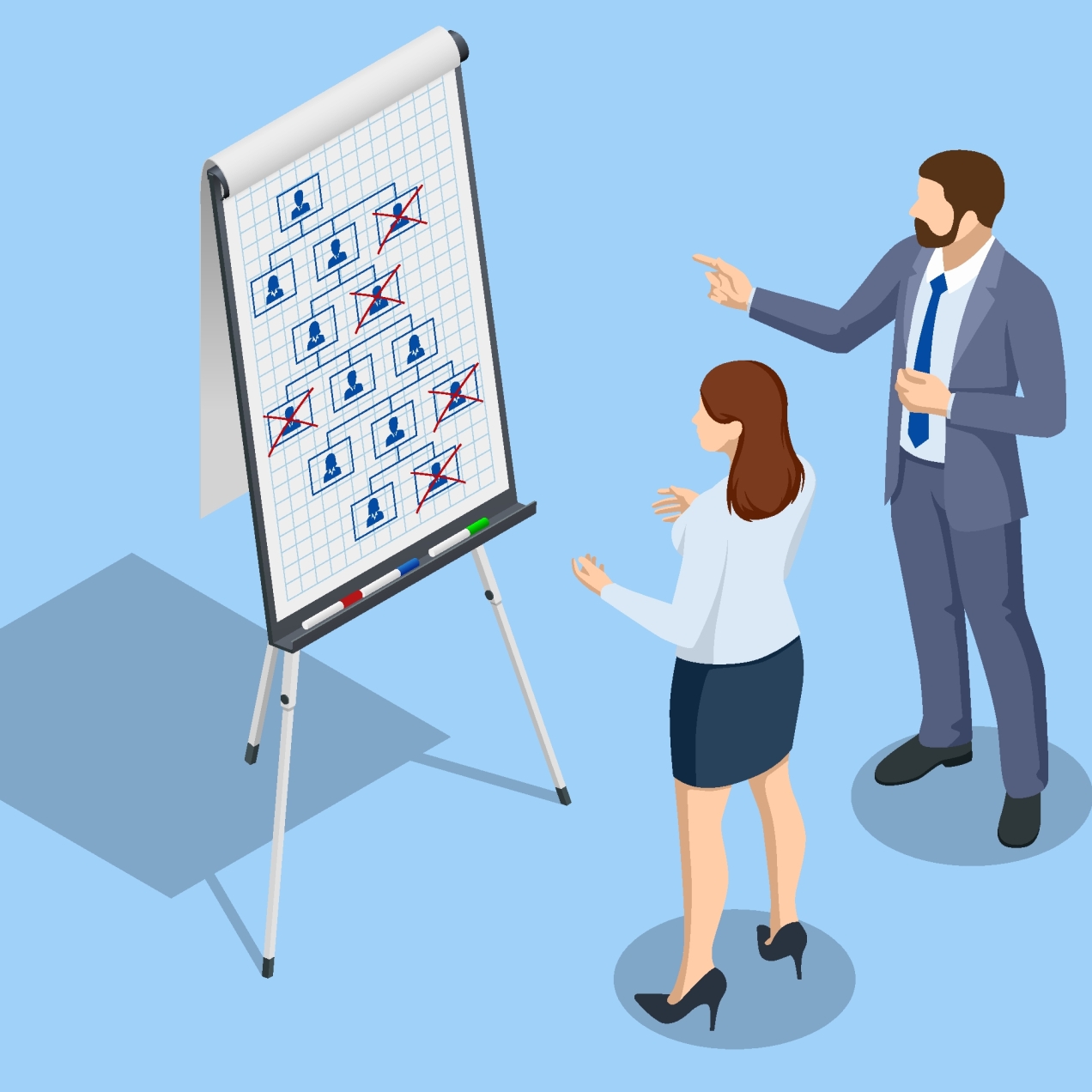Illustration of a man and a woman in smart business dress looking at a chart of 13 employees. Five have been crossed out.
