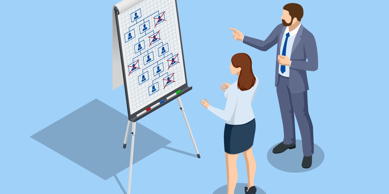 Illustration of a man and a woman in smart business dress looking at a chart of 13 employees. Five have been crossed out.