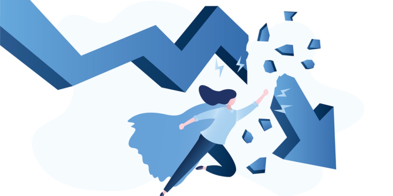 Superhero dressed in blue with a cape smashed through an arrow heading on a downward trajectory