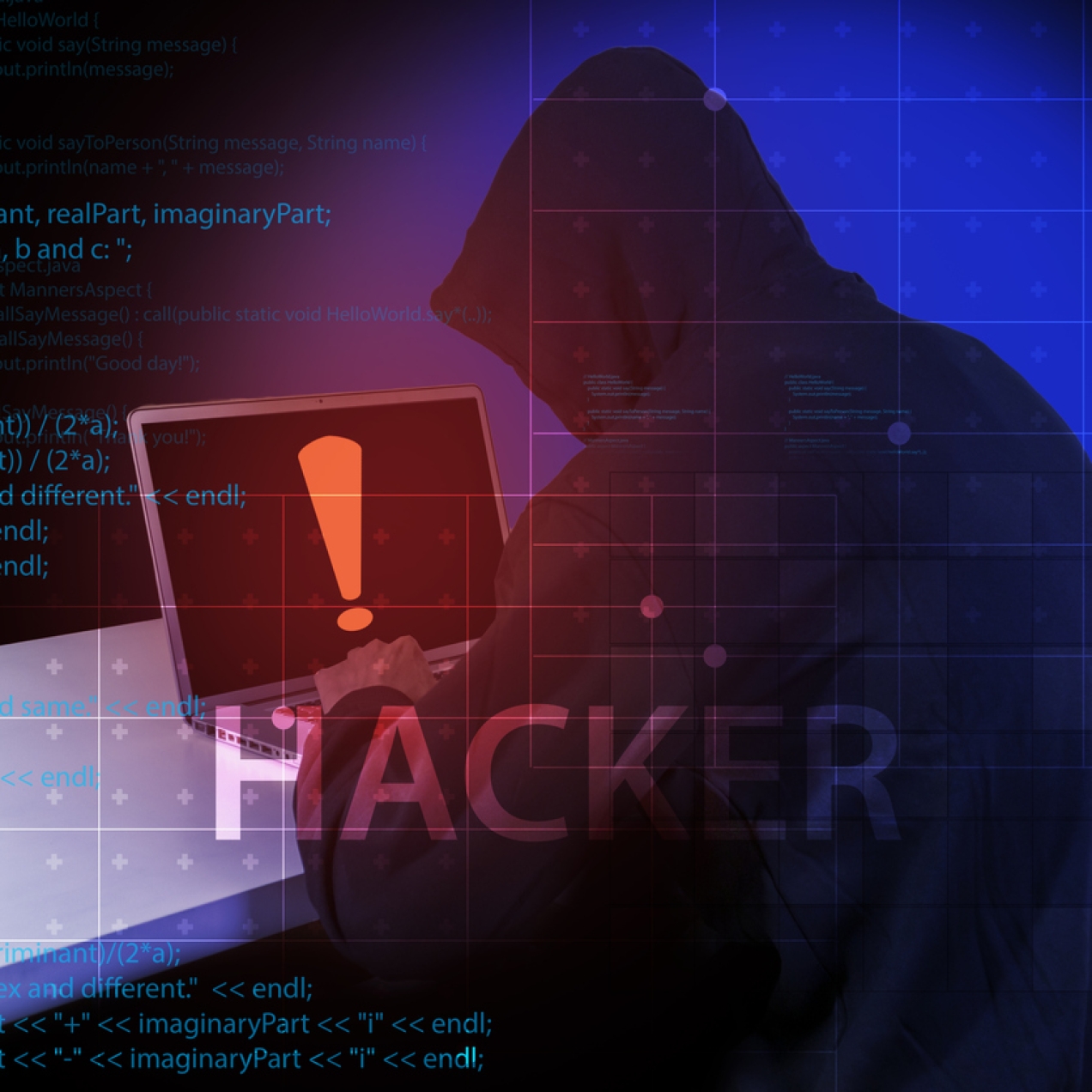 A figure of a hooded person leaning over a laptop. Written across the image are lines of machine code, a large exclamation mark and the word hacker