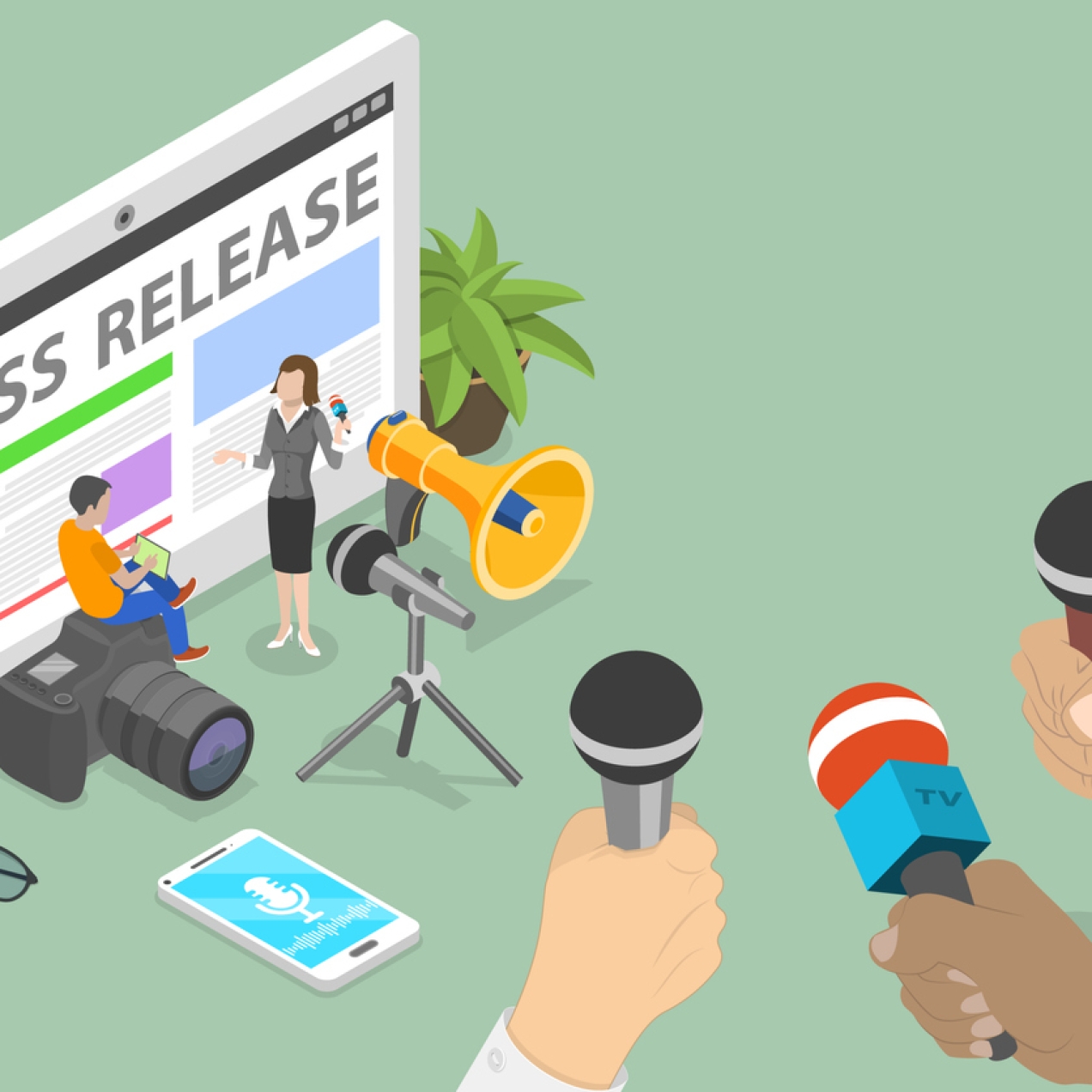 Illustration of a giant screen displaying the words press release and news. In front are a pair of spectacles, a man sat on an oversized camera and a woman reporter. There is also a an iPhone with a audio icon, a microphone, loudspeaker, and three ha