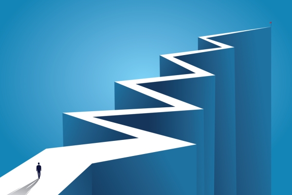 Illustration of a person stood at the end of jagged precipice which zig zags and narrows to a point on the horizon