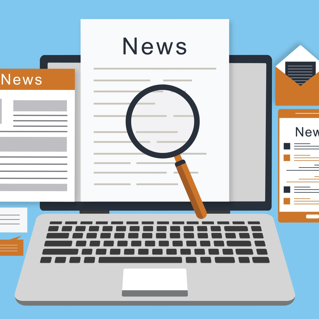 Illustration of a laptop screen surrounded by documents with the headline news and a magnifying glass inspecting one of the documents