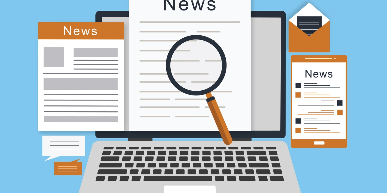Illustration of a laptop screen surrounded by documents with the headline news and a magnifying glass inspecting one of the documents