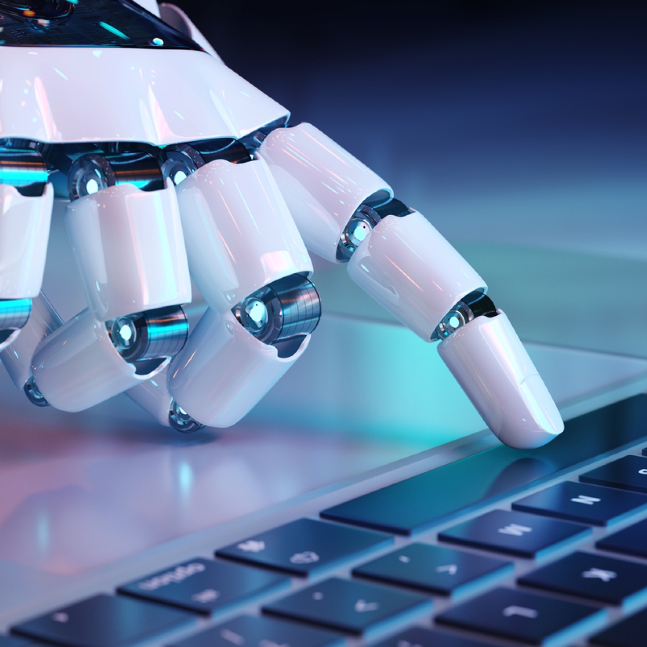 Computer generated image of a robotic hand typing on a keyboard