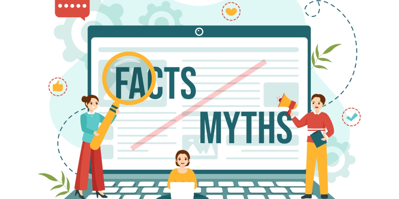 Illustration of two people stood and one person sat on a life-size laptop. On the screen are the words facts and myths. The person on the left is holding a giant magnifying glass over the word facts. The person on the right is holding a loud speaker.