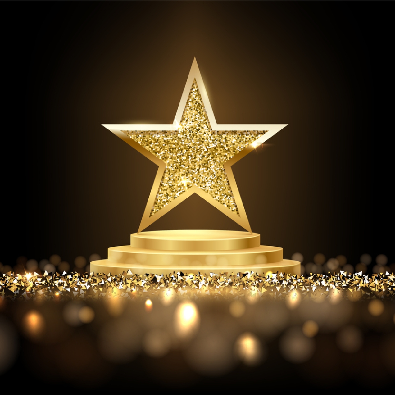 Computer generated image of a three dimensional gold star on a gold circular podium. The centre of the star dazzles. There is a carpet of gold triangle shapes around the podium