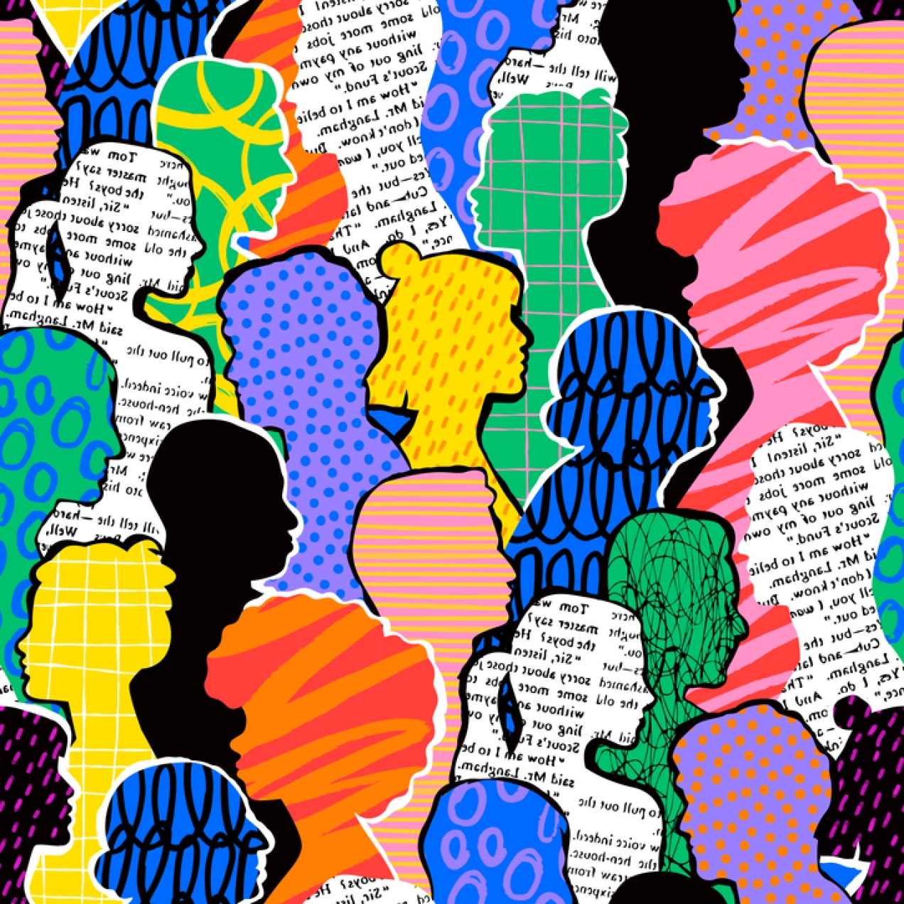 A collage composed of line drawings of the side profiles of different people's heads. Each is filled with multiple colours, random text, patterns or dots
