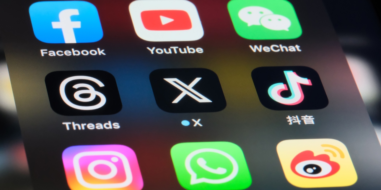 A mobile phone screen showing the app icons of Facebook, YouTube, WeChat, Threads, X, Instagram, Whatsapp, TikTok and Weibo