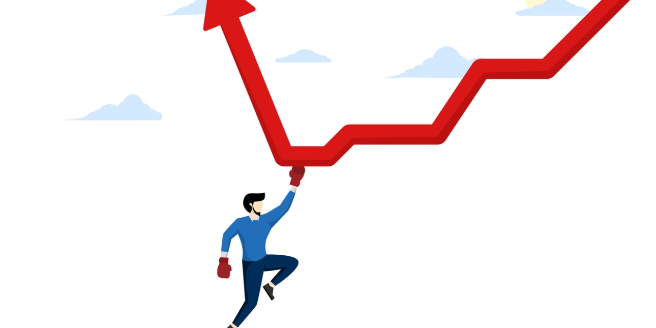 Illustration of a person wearing boxing gloves who has turned a red arrow with long tail from a downward trajectory to upward trajectory