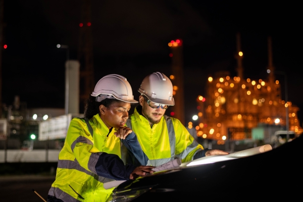 A Black woman and white man, both wearing hi-vis yellow clothing and white hard hat, look at drawings unrolled across a car bonnet. It is night and a building, under construction, is illuminated in the background