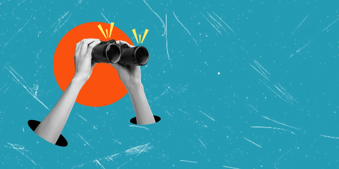 Contemporary artistic collage depicting hands - printed in black and white - holding binoculars against a blue background