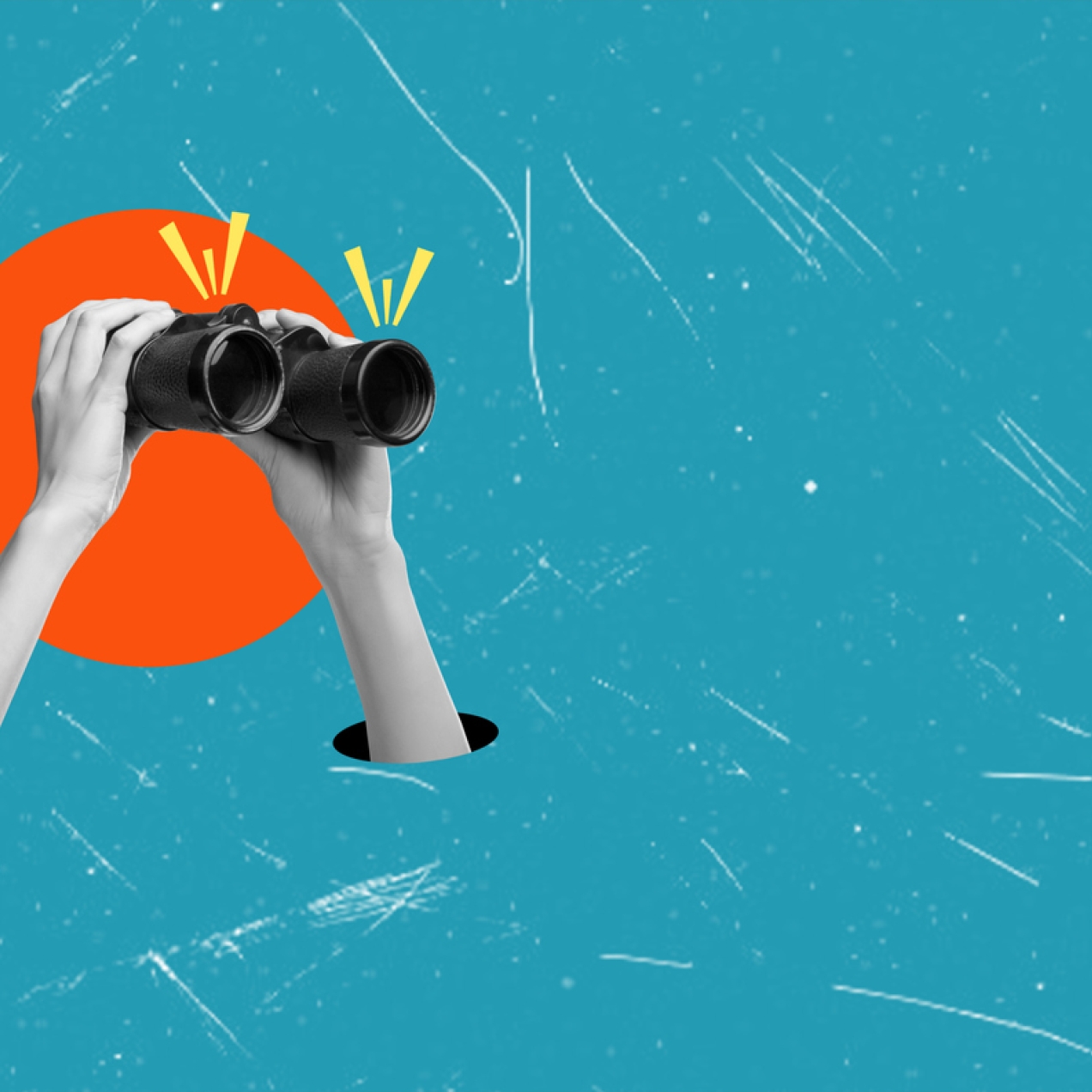 Contemporary artistic collage depicting hands - printed in black and white - holding binoculars against a blue background
