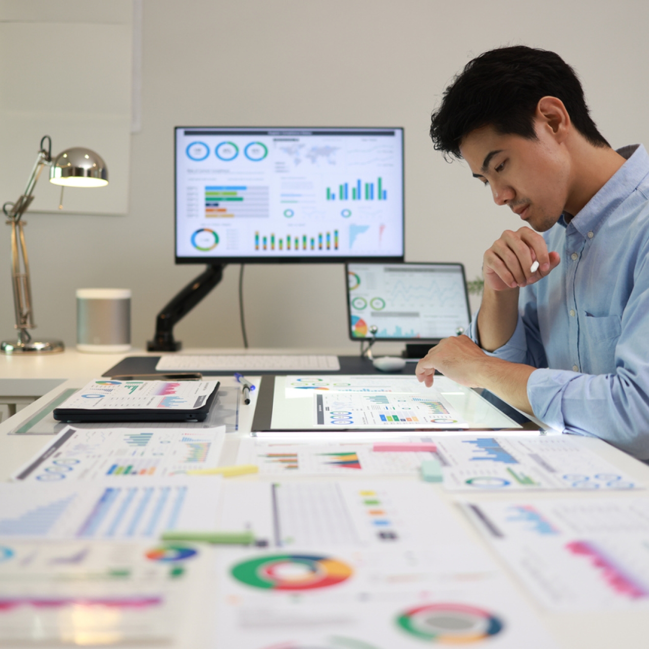 Side profile of an Asian man with short dark hair and blue shirt, sat at a desk which is covered in print outs of graphs and tables. Screens in the background show similar information, alongside a lamp and other office furniture