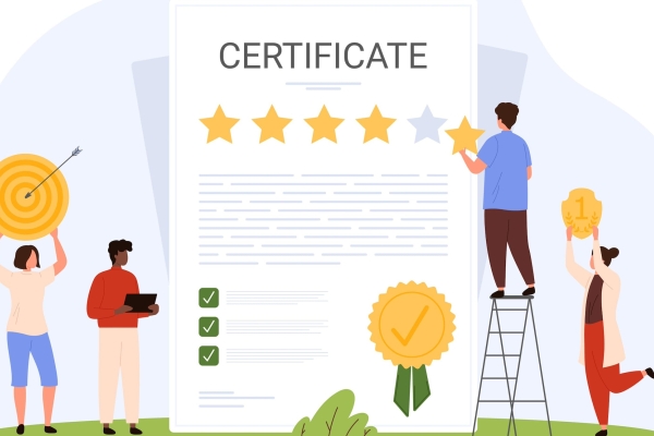 An illustration of four people of different genders and ethnicities contributing items stood around a giant certificate, including one on a step ladder adding a fifth gold star. Others hold a first place shield, envelope and a large target board abov