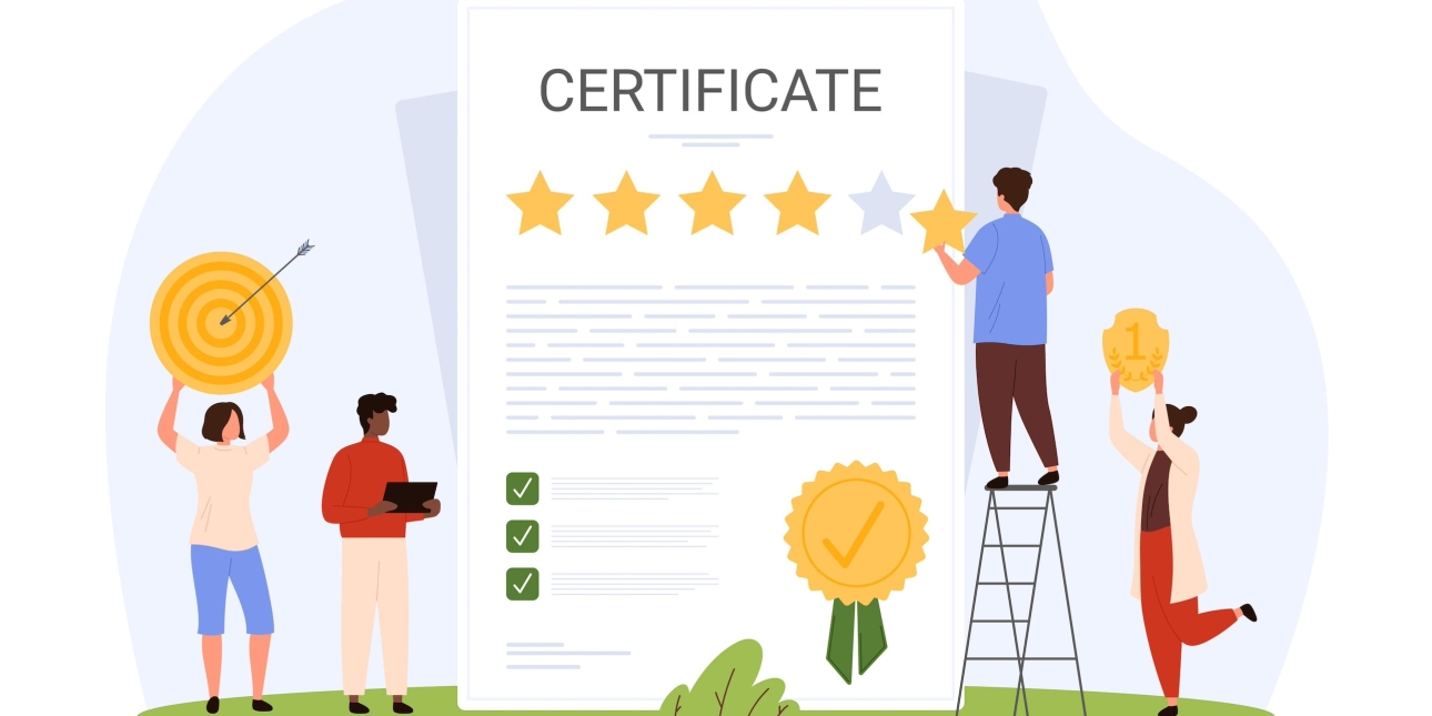 An illustration of four people of different genders and ethnicities contributing items stood around a giant certificate, including one on a step ladder adding a fifth gold star. Others hold a first place shield, envelope and a large target board abov