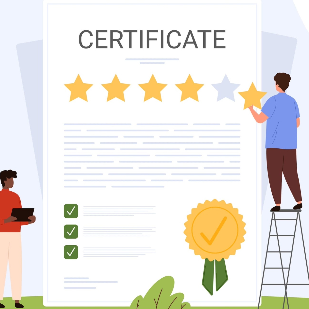 An illustration of four people of different genders and ethnicities contributing items stood around a giant certificate, including one on a step ladder adding a fifth gold star. Others hold a first place shield, envelope and a large target board abov