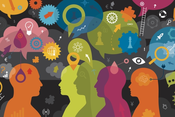 A multi-coloured collage featuring four cut out heads with various icons surrounding them including arrows, ladders, cogs, chess pieces, lightbulbs, speech bubbles and clouds