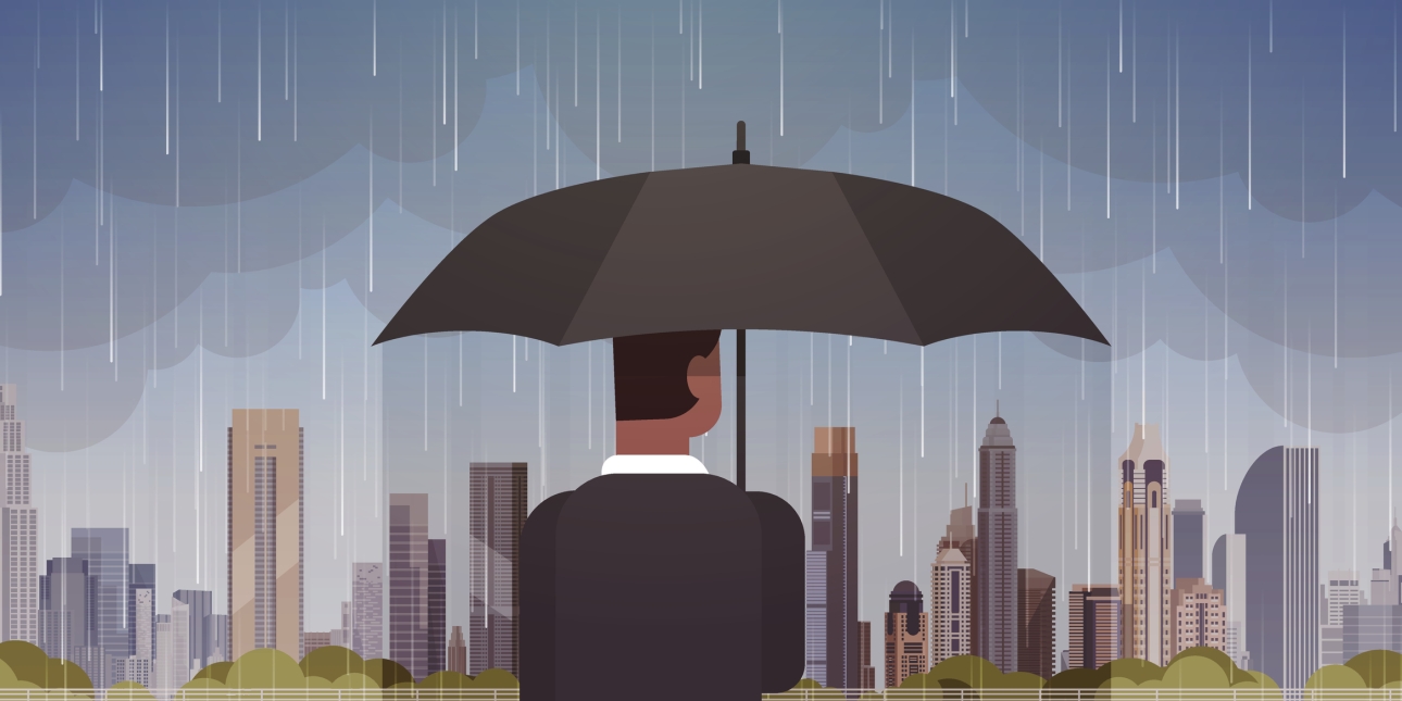 Illustration shows a view of a person from behind holding an umbrella under heavy rain while looking out at skyscrapers and a dark grey sky