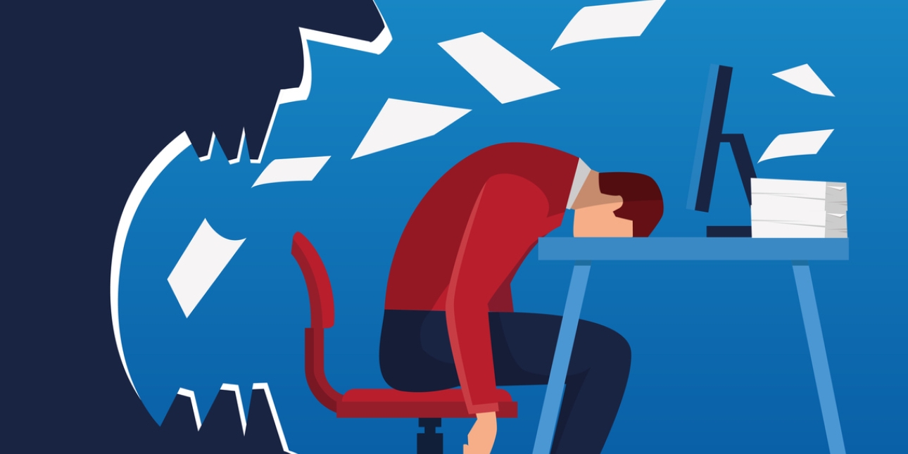 Conceptual illustration of a snarling boss. On the left are the side of a mouth with sheets of paper being spat on to the desk of a worker. The worker has fallen asleep at his desk.