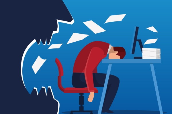 Conceptual illustration of a snarling boss. On the left are the side of a mouth with sheets of paper being spat on to the desk of a worker. The worker has fallen asleep at his desk.