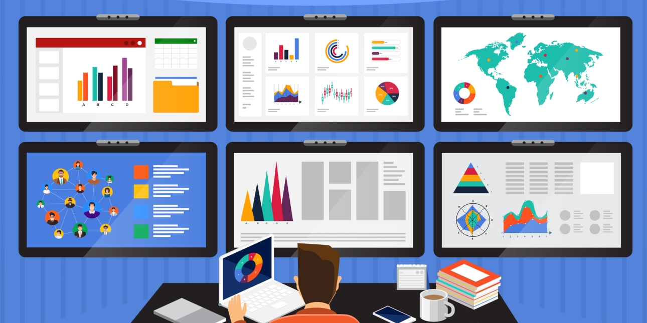 Illustration of six screens showing brightly coloured graphs, social media connections and maps. A person, seen from behind, is sat at a desk in front of the screens with books, laptop and coffee
