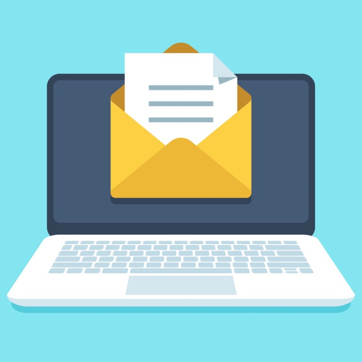 Illustration of a laptop. On the screen is an opened envelope revealing a piece of paper with three horizontal lines representing text