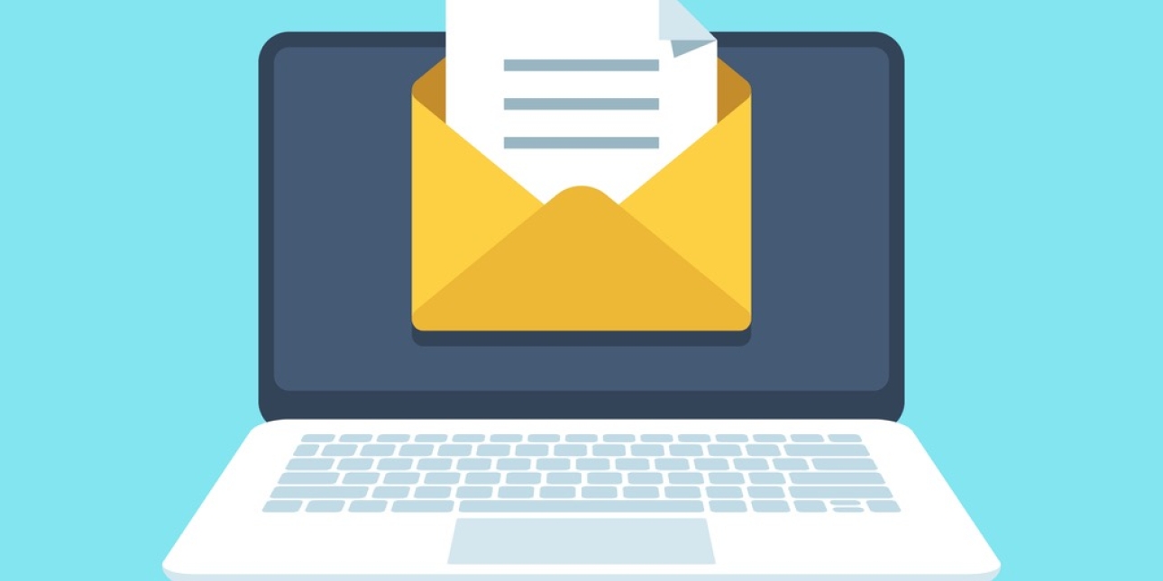 Illustration of a laptop. On the screen is an opened envelope revealing a piece of paper with three horizontal lines representing text