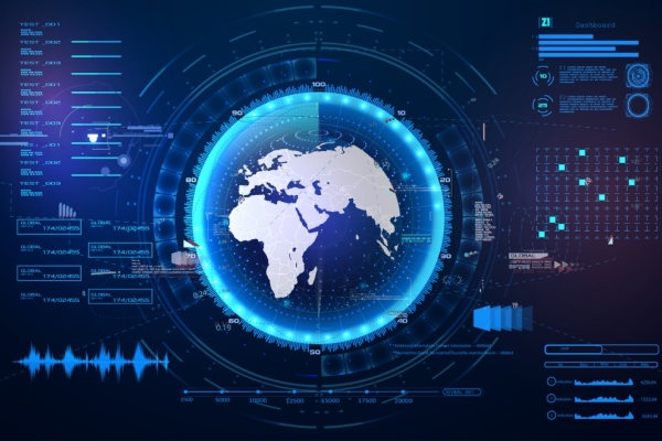 Computer generated image of a globe surrounded by various digits, graphs and text