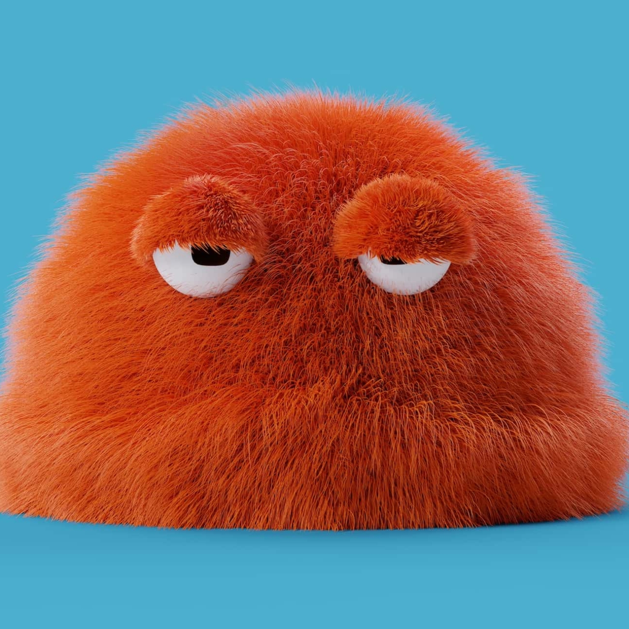 A rounded monster character constructed from brown bristles, with two despondent cartoon-like eyes. The background is bright blue.