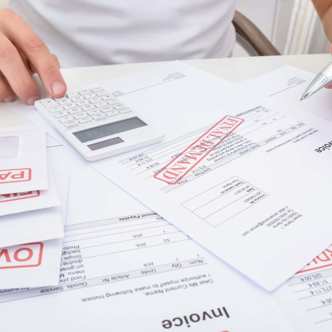 A pile of unpaid invoices and envelopes stamped with past due, final notice and overdue laid out on a desk. A pair of white hands of an unidentified person tap a calculator and hold a pen