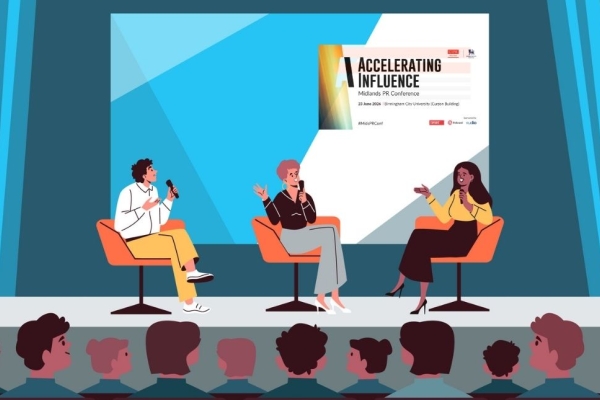 An illustration of three people on a conference stage watched by two lines of heads in the audience.