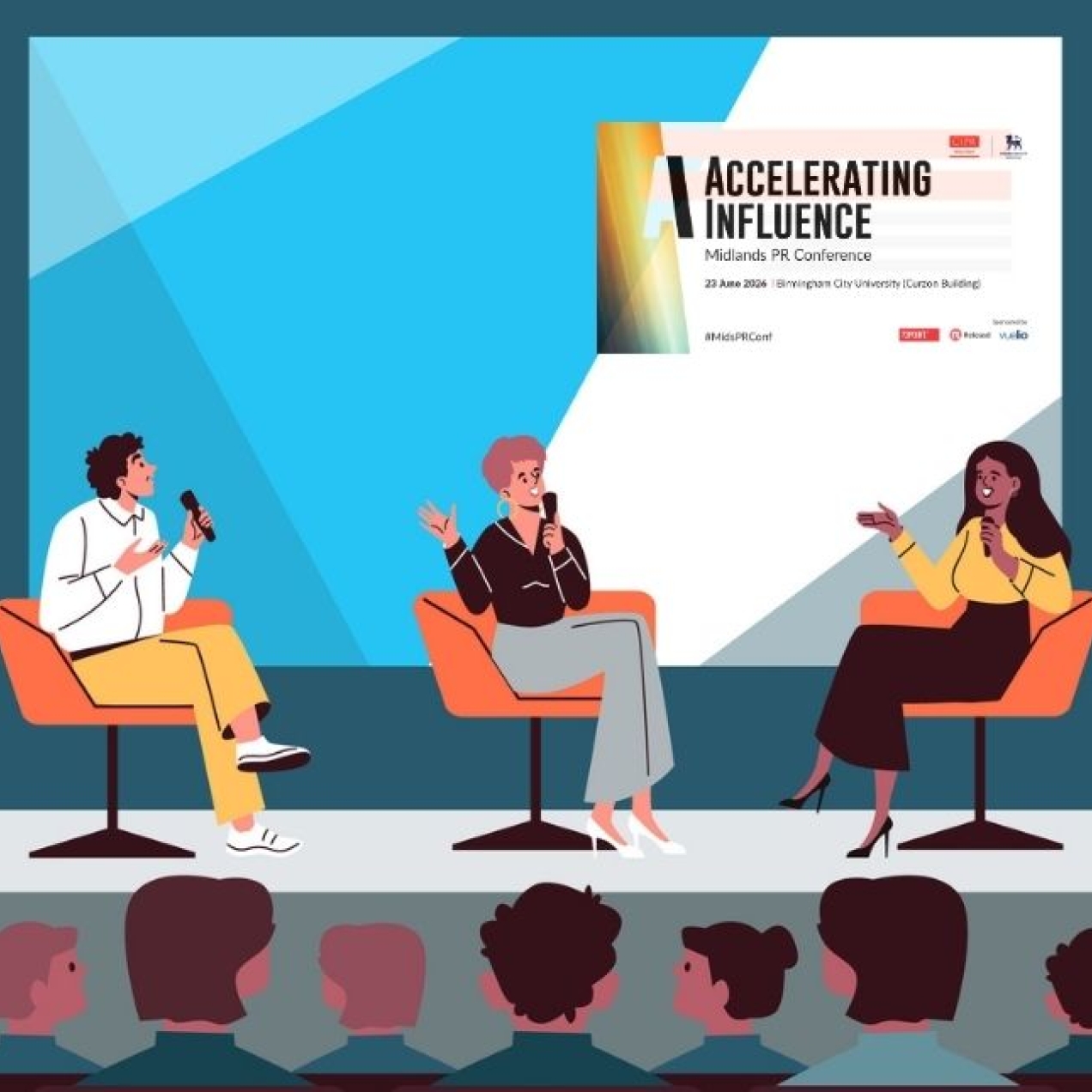 An illustration of three people on a conference stage watched by two lines of heads in the audience.