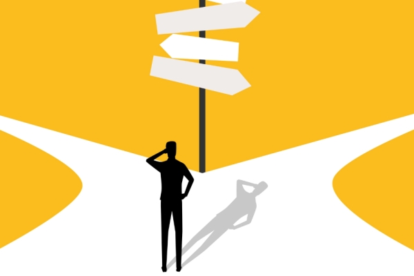 An illustration on a yellow background of a silhouetted figure scratching their head while ahead at a white path splitting in two.