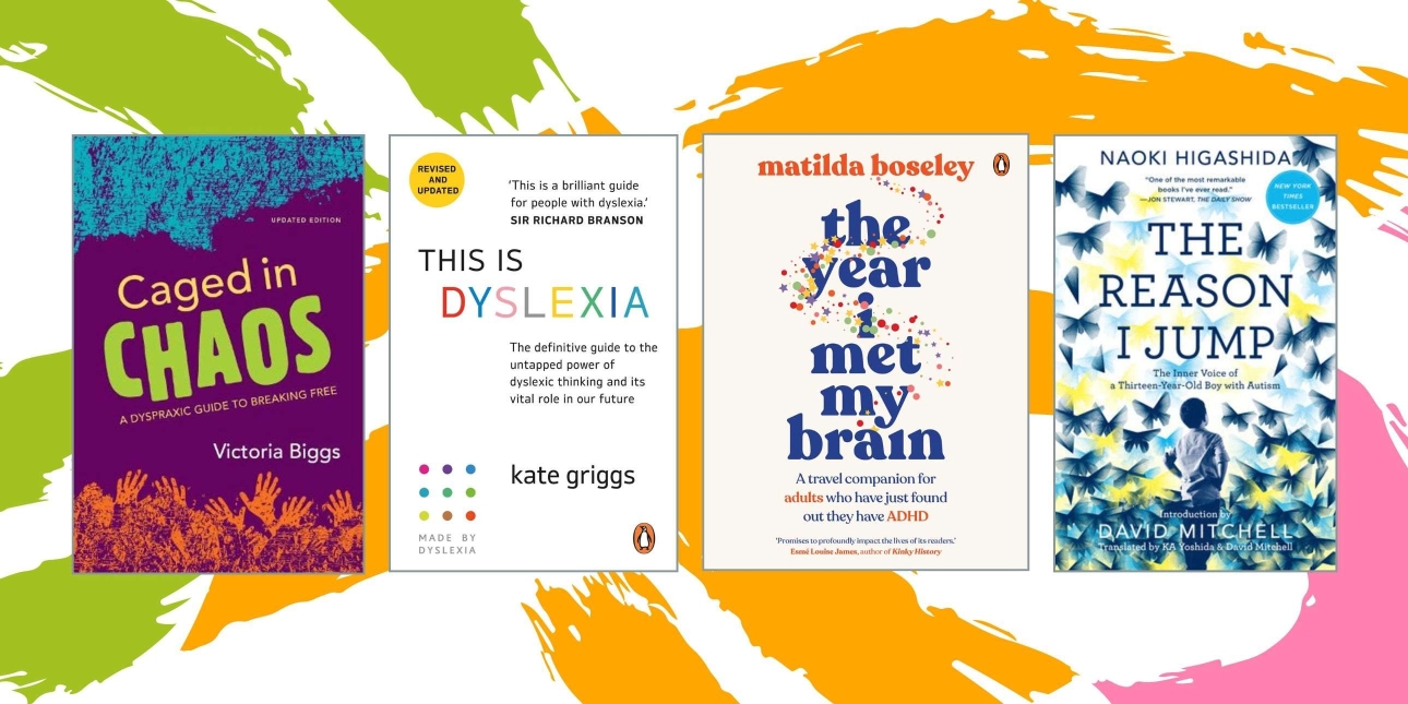 Covers of four books with different colours and fonts on a colourful background