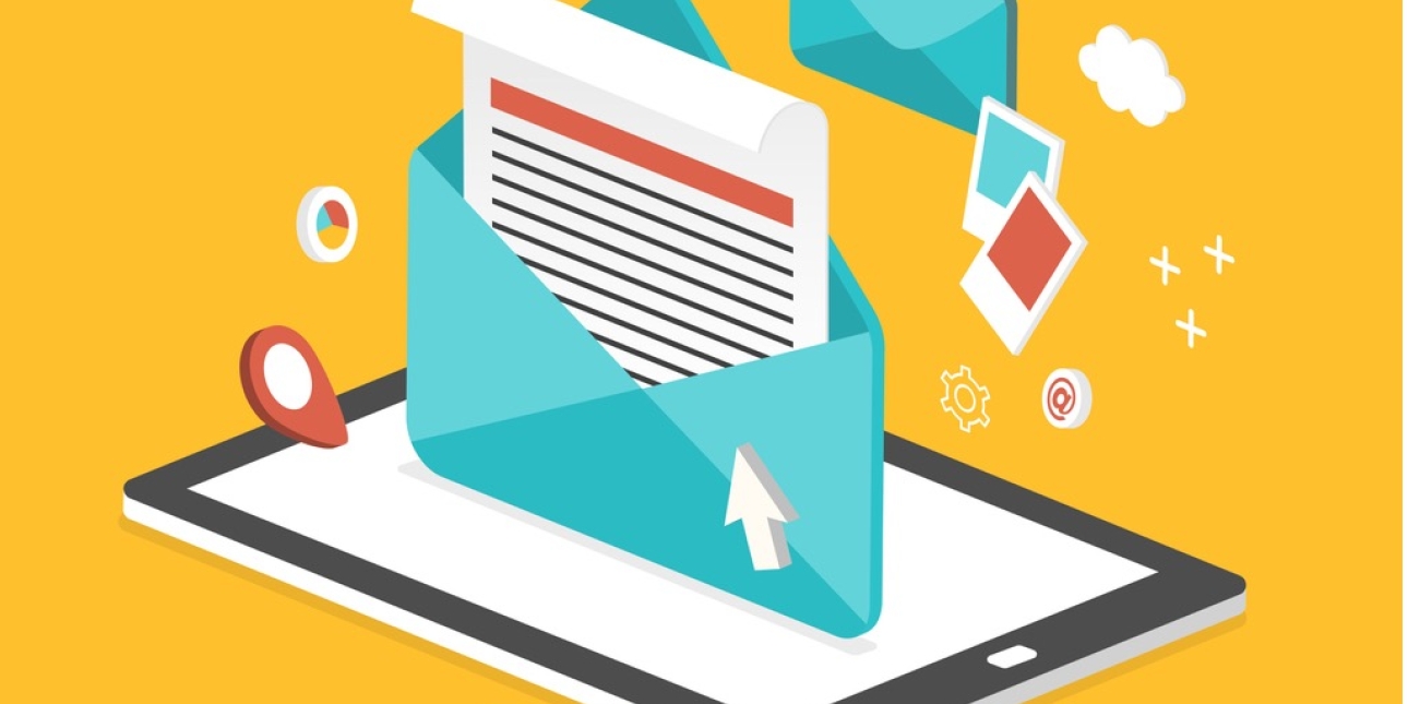 Illustration of a newsletter concept featuring a paper newsletter emerging from an envelope which is itself emerging from the screen of a tablet. They are surrounded by other icons including an arrow, cog, clouds and markers.