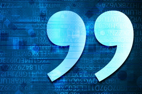 A light blue quotation mark overlaid on a dark blue letterset