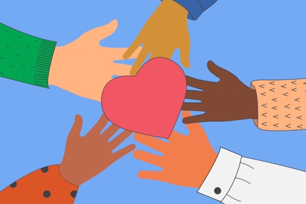 An illustration of a blue background of five hands of different skin tones reaching in a circulation formation to a red heart